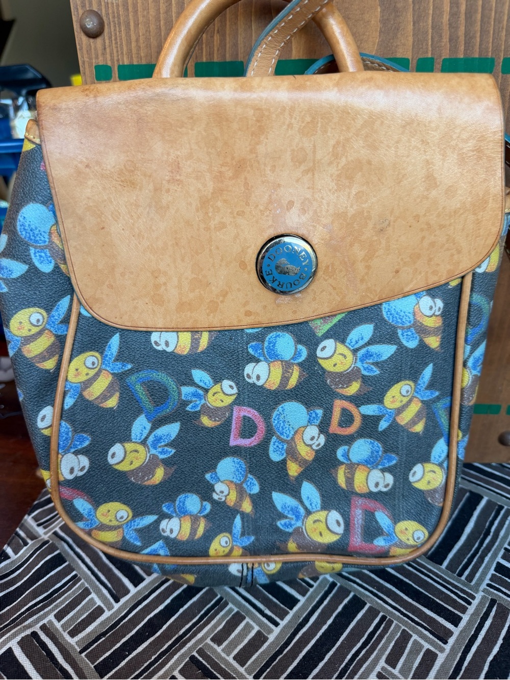 Dooney & Bourke Tan Leather-Trim Bee Print Backpack vintage